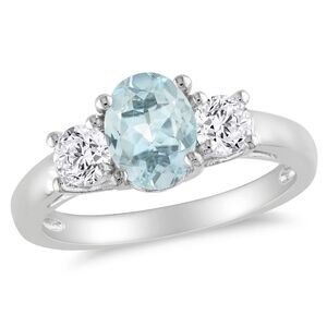 1.60 Carat (ctw) Aquamarine & Lab-Created White Sapphire Three-Stone Ring Sterli